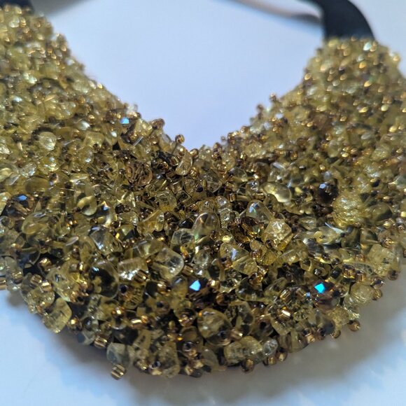 Statement Gold Crystal Bib Necklace Black Ribbon Choker - Picture 3 of 11